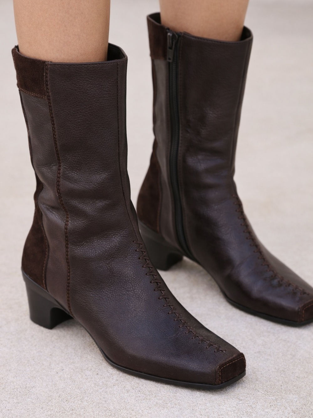 Paul Green Brown Leather MidCalf Boots Square Toe & Side Zip UK SZ 6 Old money